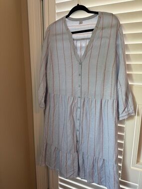 Old Navy Light Blue Midi Dress with Pink Stripes